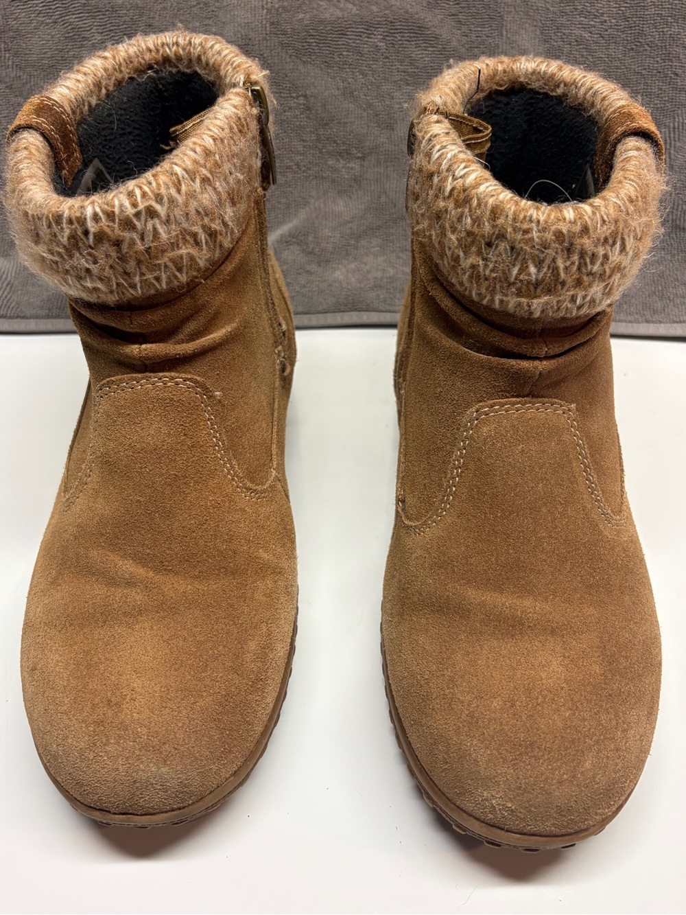 Khombu Suede Ankle Boots with Knit Cuff - Tan Brown size 8